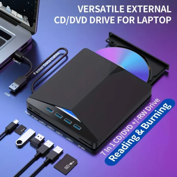 7 In 1 USB 3.0 SD TF DVD/CD/VCD/Blu-Ray Player Portable Burner